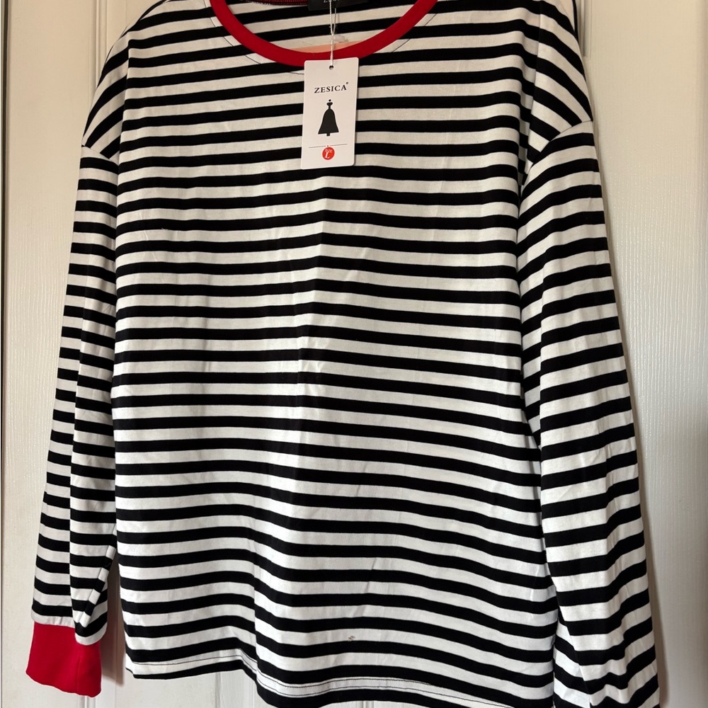 ZESICA Women's Black and White Striped Long Sleeve Top